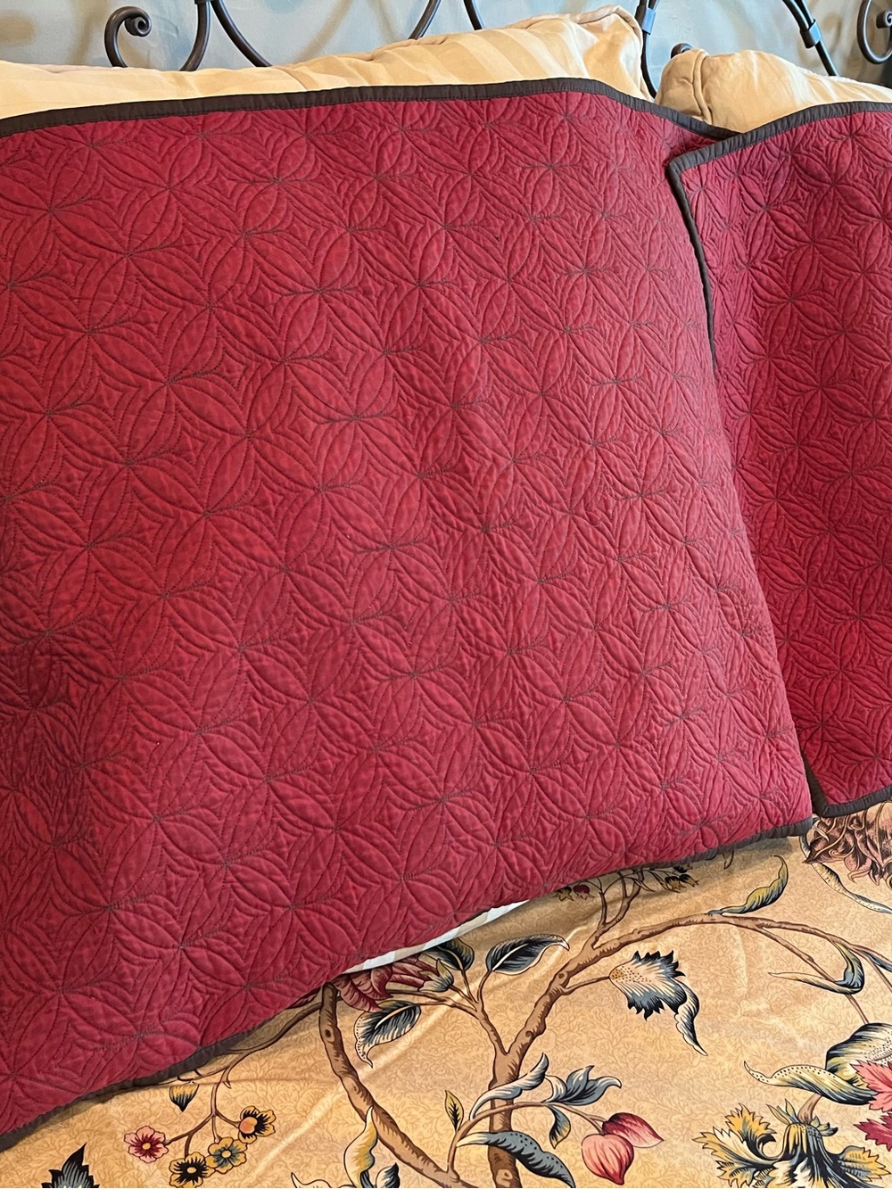 Restoration Hardware Quilted Silk Pillow Shams (2) King Curved Diamonds Rust Red